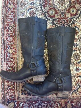 Black Leather Western Harness Boots with phoenix and “BRAVE” lettering.